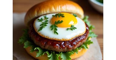 テリヤキ卵バーガー - 照り焼きソース、目玉焼き、大葉